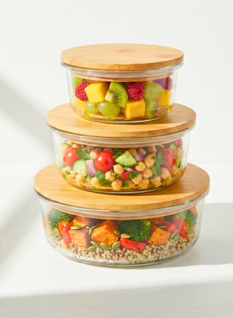 1Chase Borosilicate Round Glass Food Storage Containers with Bamboo Lids, 3 Sizes 400ML 650ML 1000ML, Airtight BPA-Free Meal Prep & Lunch Boxes, Reusable Plastic-Free Containers - Image 1